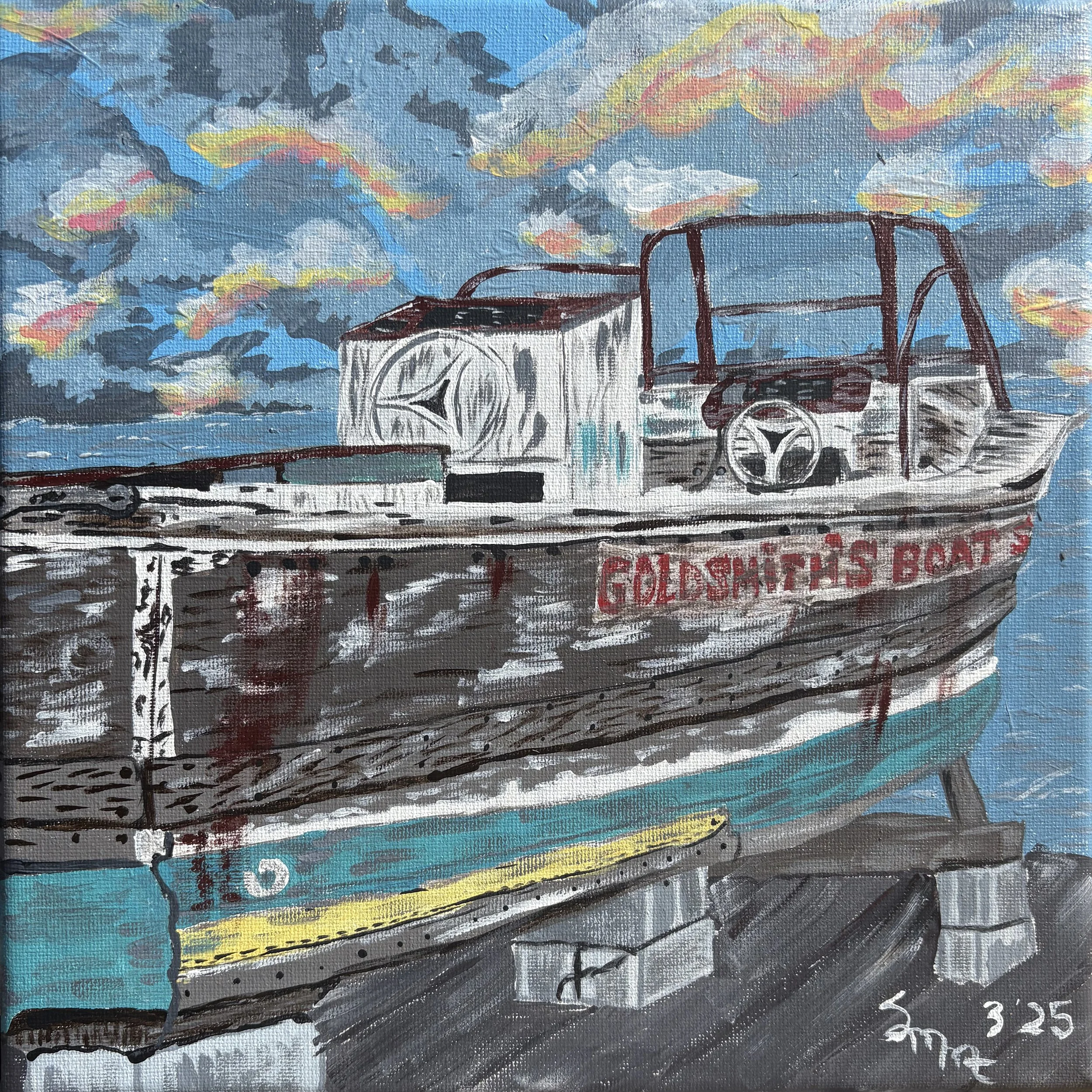 A painting of an old wooden boat on cement blocks called Goldsmith's boat in Southold New York