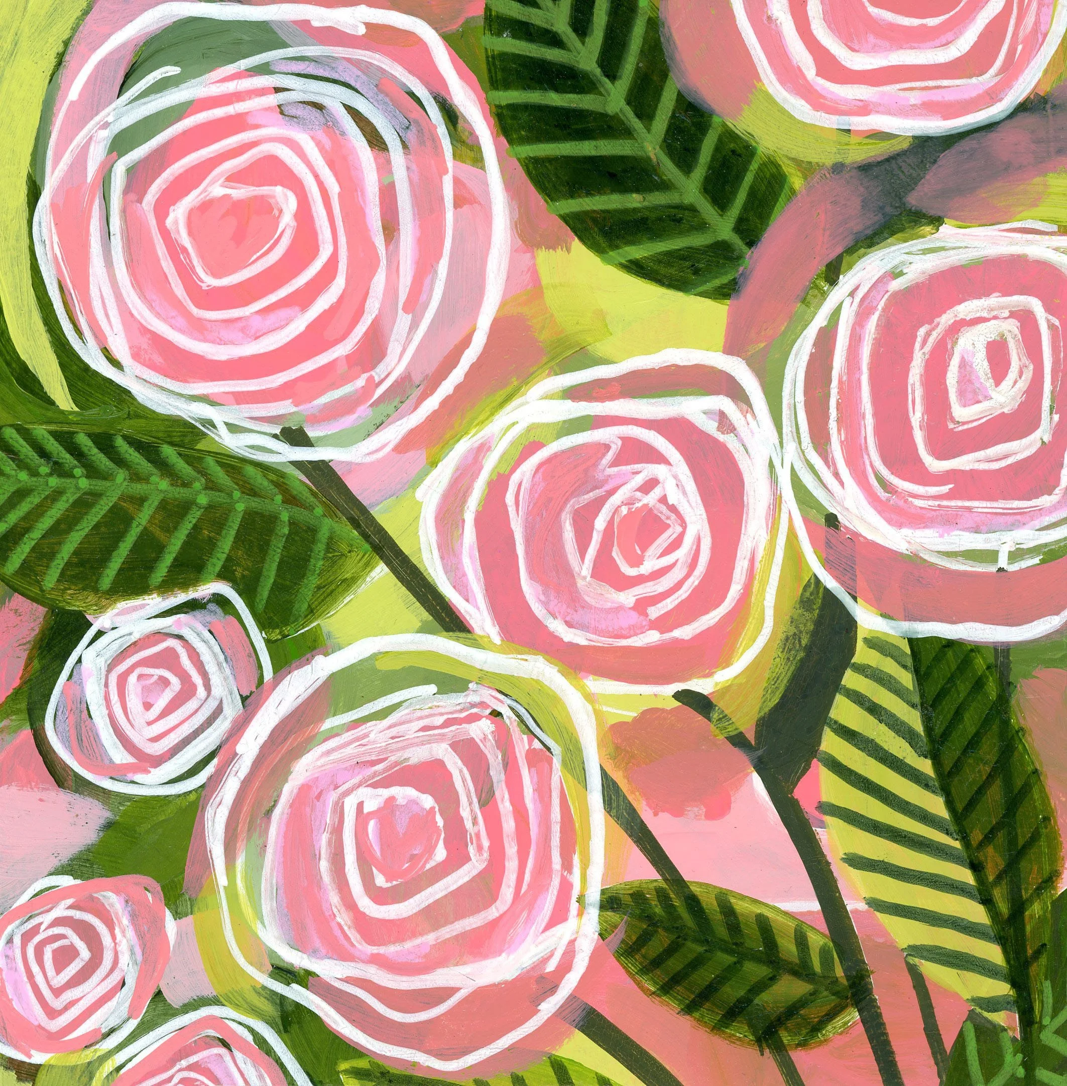 An abstract painting of pink roses and green leaves with white outlines.