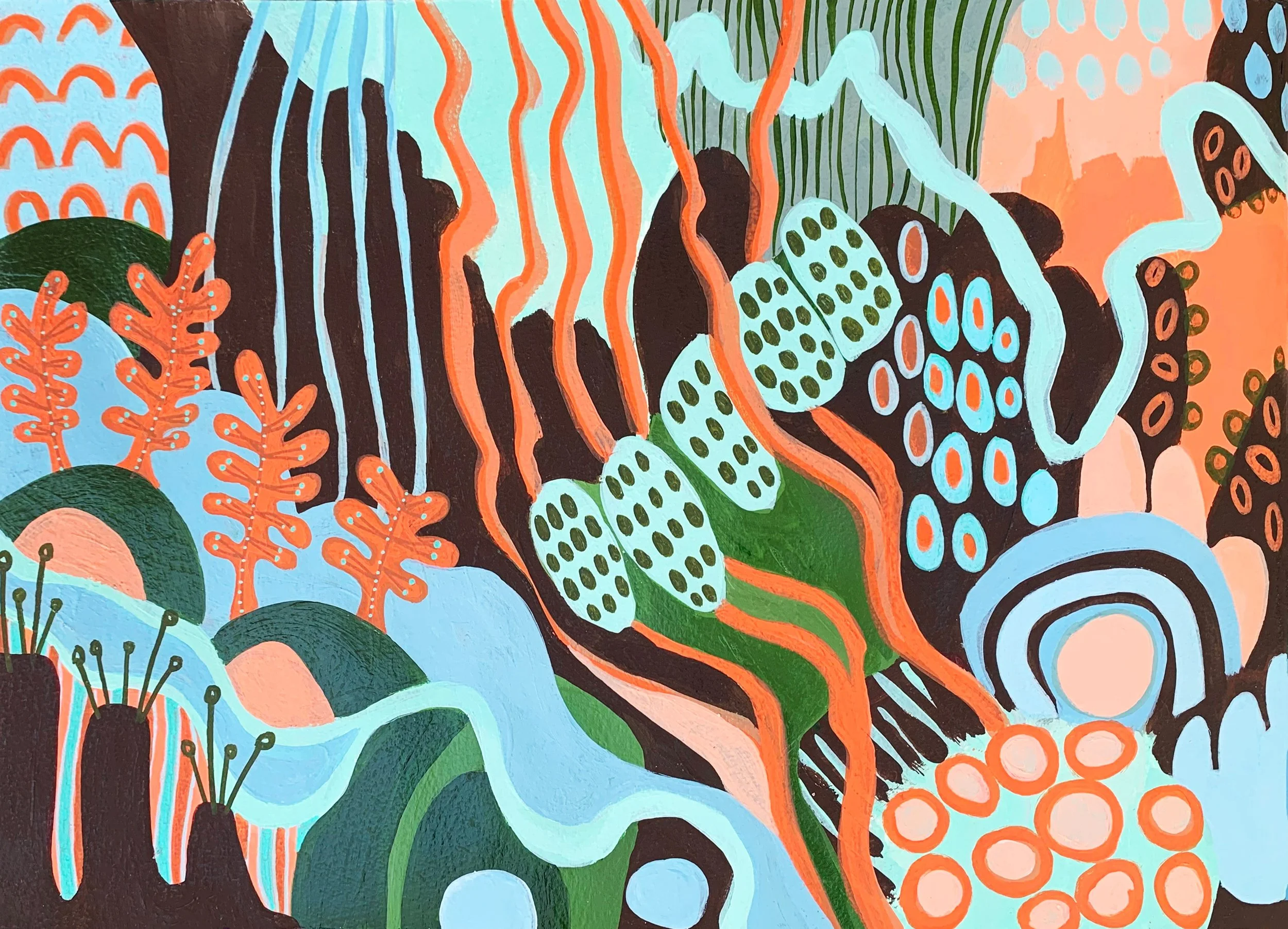 Abstract colorful painting with organic shapes, lines, and patterns in shades of orange, green, blue, black, and peach, resembling a stylized natural landscape or underwater scene.