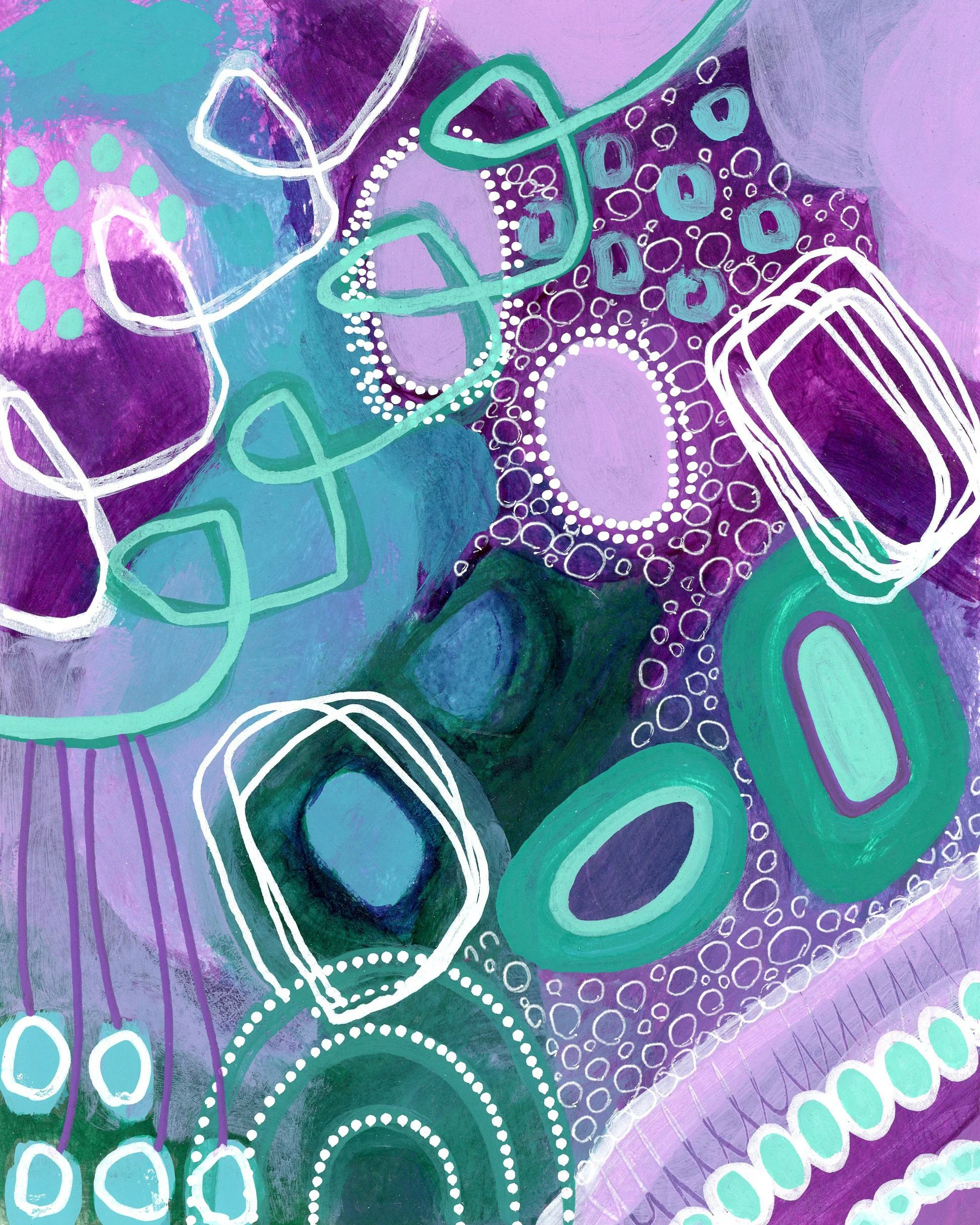 Abstract painting featuring various shapes and lines in shades of purple, blue, green, and white, including loops, circles, and ovals.