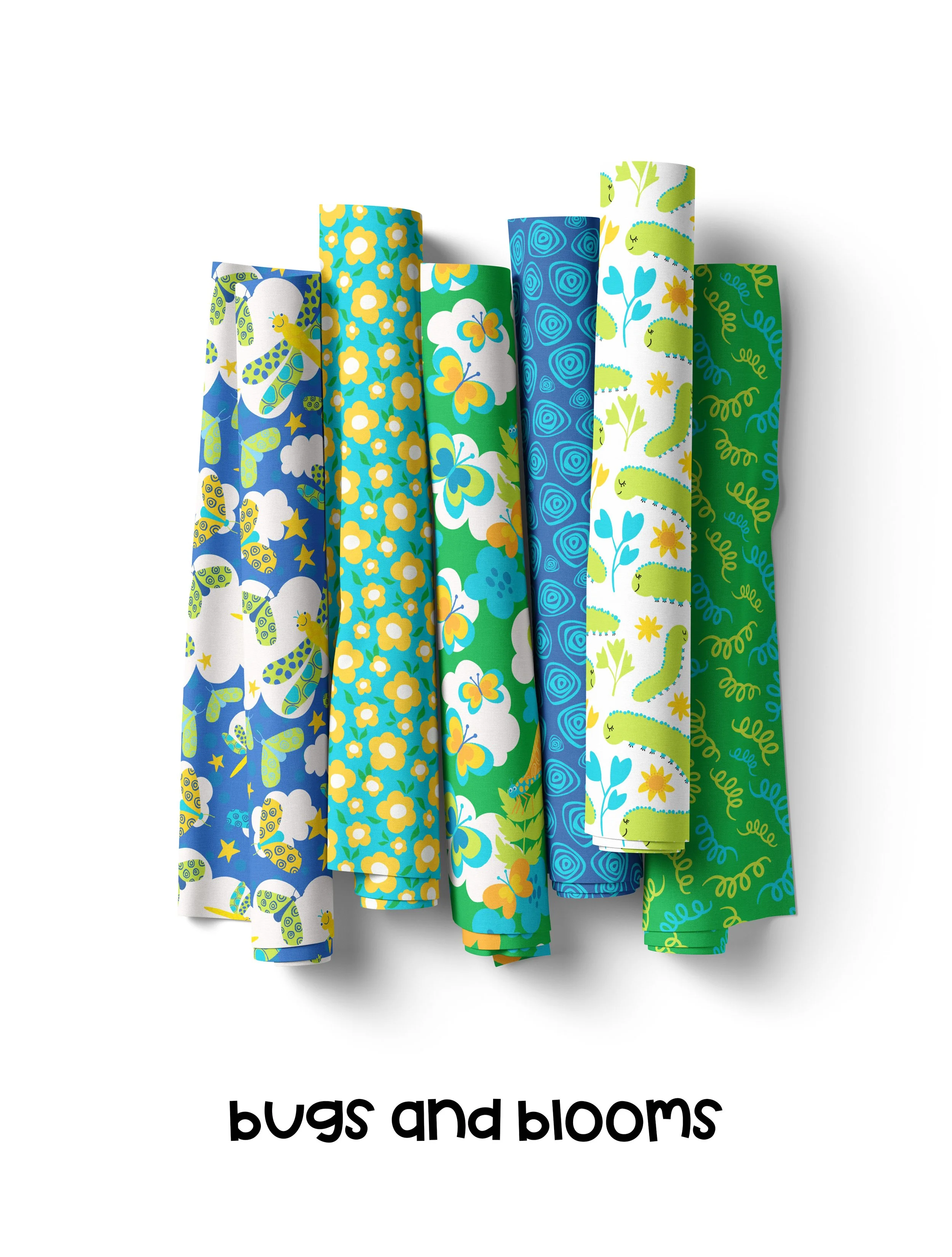 6 rolls of fabric featuring dragonflies, butterflies, caterpillars, geometrics and florals in bright, fresh color palette of greens, blues and yellows