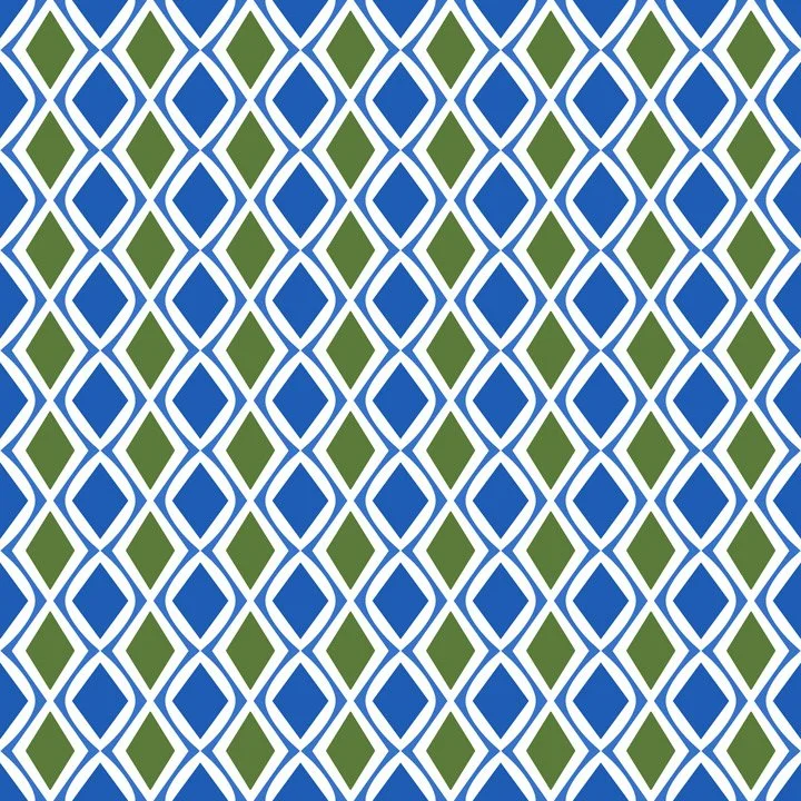 Clean geometric lattice pattern with repeating diamond shapes in blue and green, offering a modern coordinating print inspired by coastal structure and movement. also available for party goods, home, gifting and stationary brands for art licensing