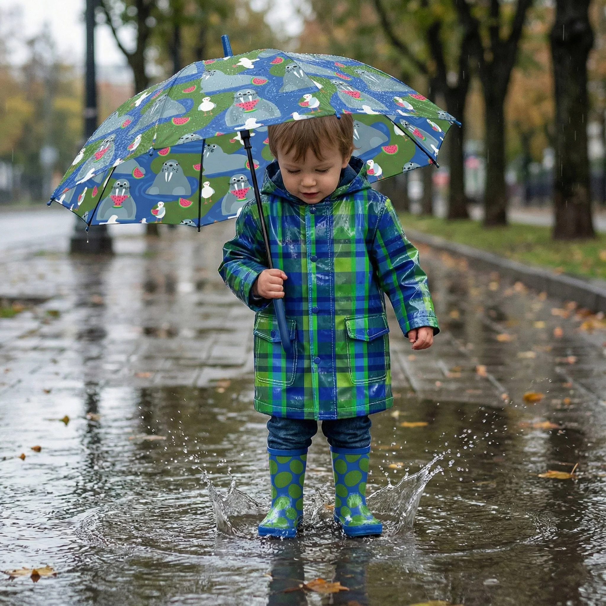 oddler wearing a green and blue plaid rain jacket and patterned rain boots, holding a watermelon and walrus illustrated umbrella while splashing in puddles on a rainy day.Watermelon Whiskers surface pattern designs shown on children’s rainwear, featu