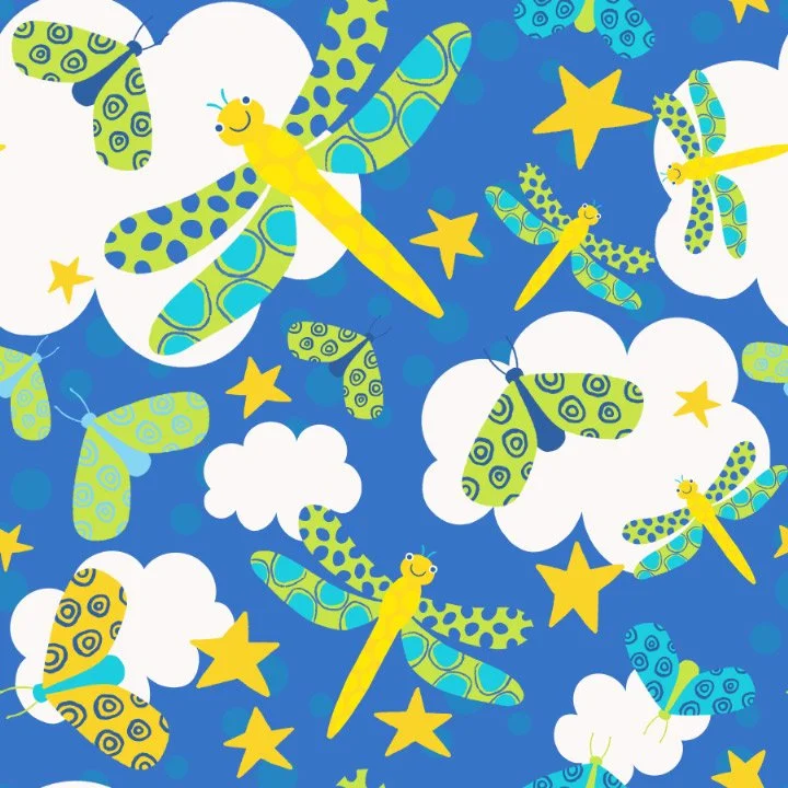 Colorful illustration of smiling yellow dragonflies and butterflies amidst white clouds and yellow stars on a blue background.