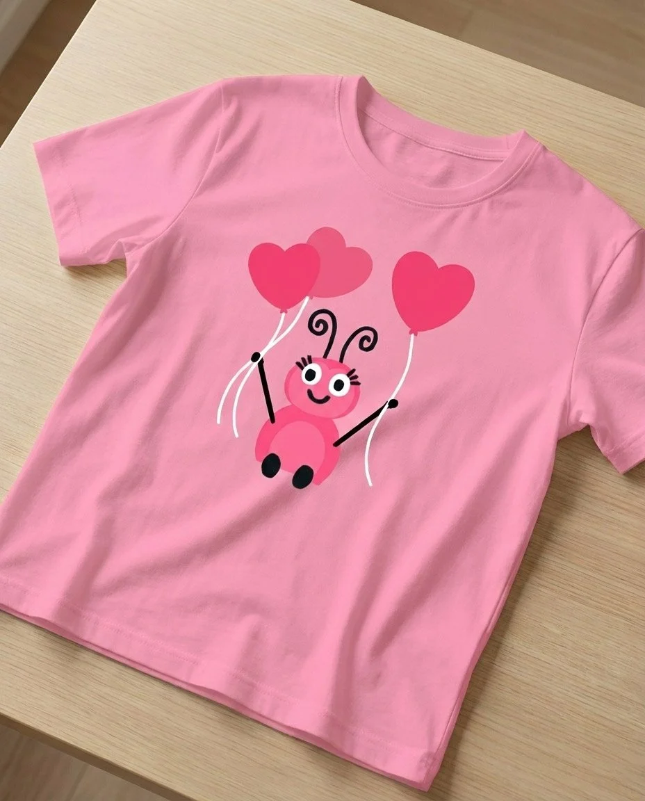 little girls pink teeshirt with spot illustration of happy friendly pink ladybug holding balloons designed by hazel and henrietta for art licensing