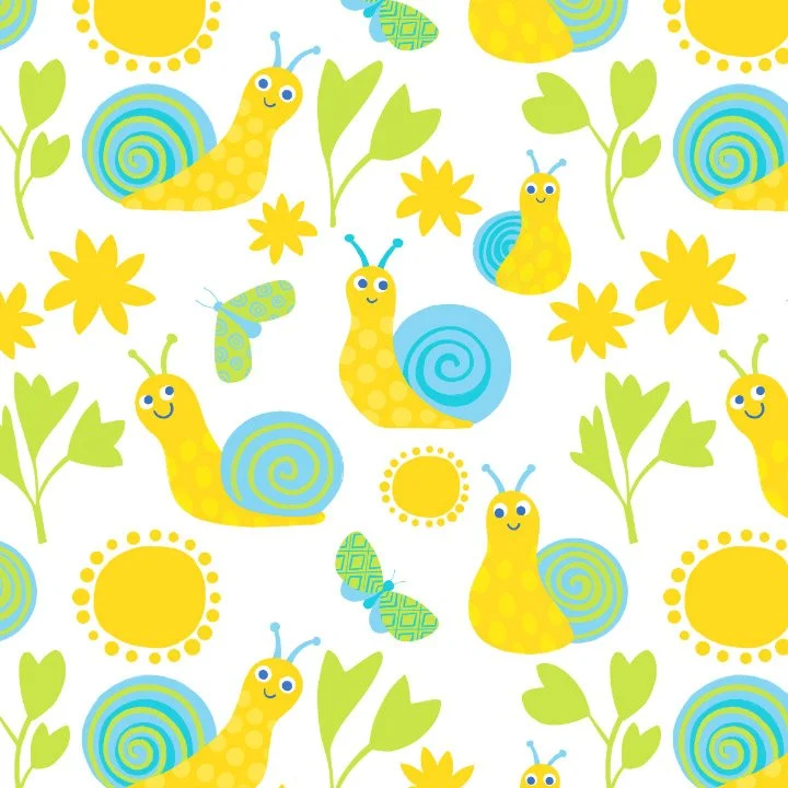 Colorful, cartoon-style pattern with smiling yellow snails, green leaves, yellow flowers, blue and green butterflies, and yellow sun illustrations on a white background.