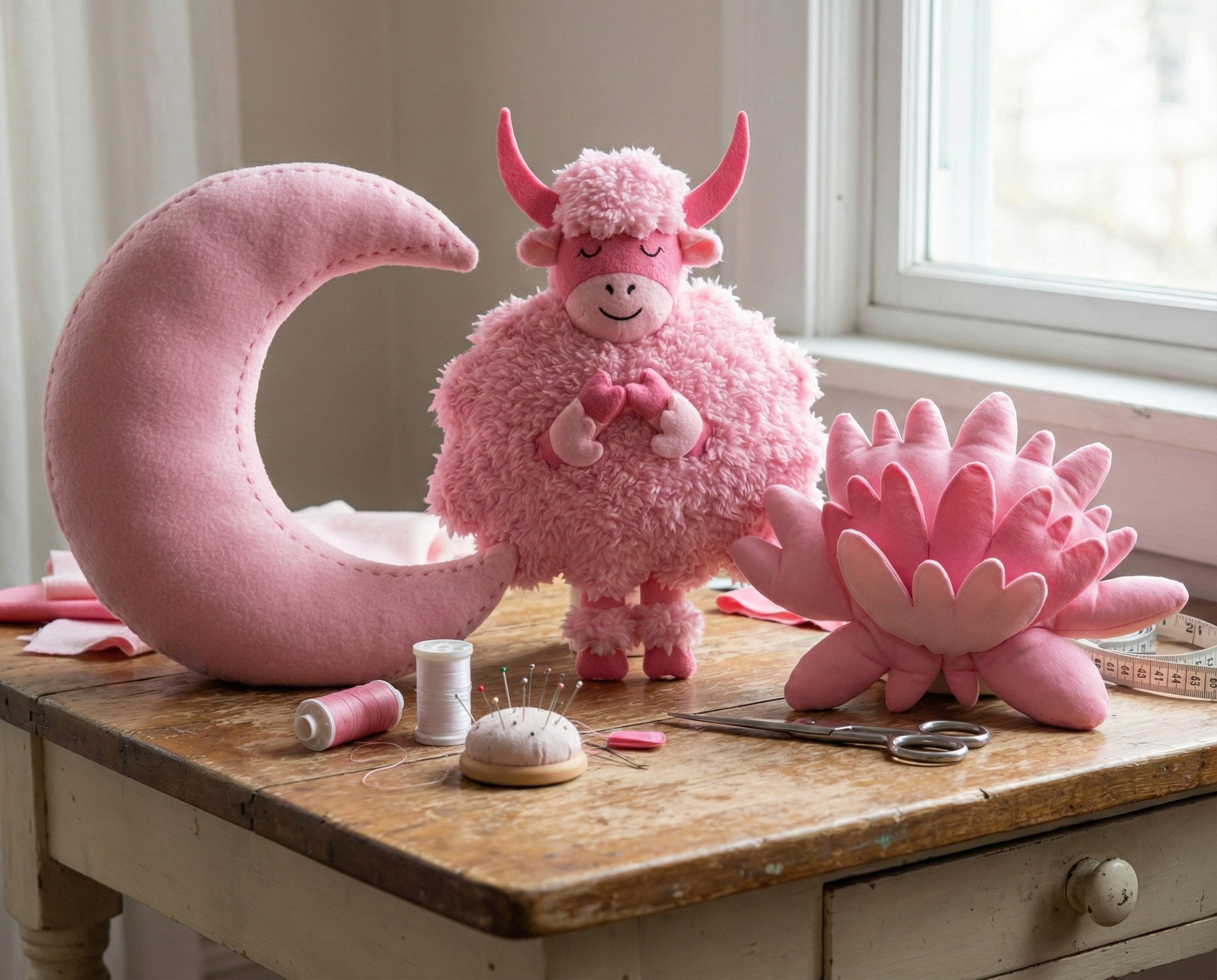 pink stuffed moon, lotus flower and meditating yak created by artist stephanie ignazio of hazel and henrietta, available for art liensing