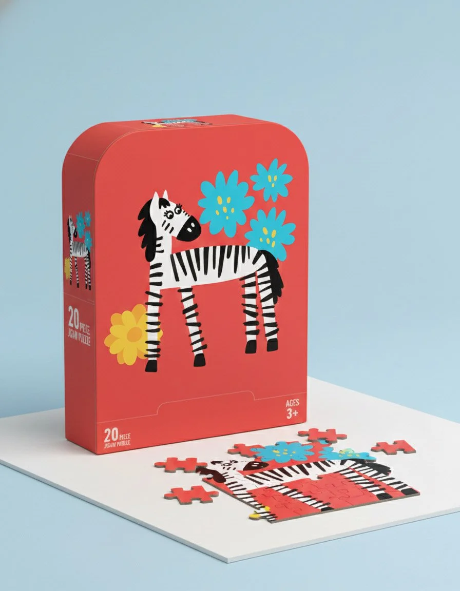 zebra illustration by hazel and henrietta used for puzzle. colors are red, blue and yellow with playful cute zebra on box