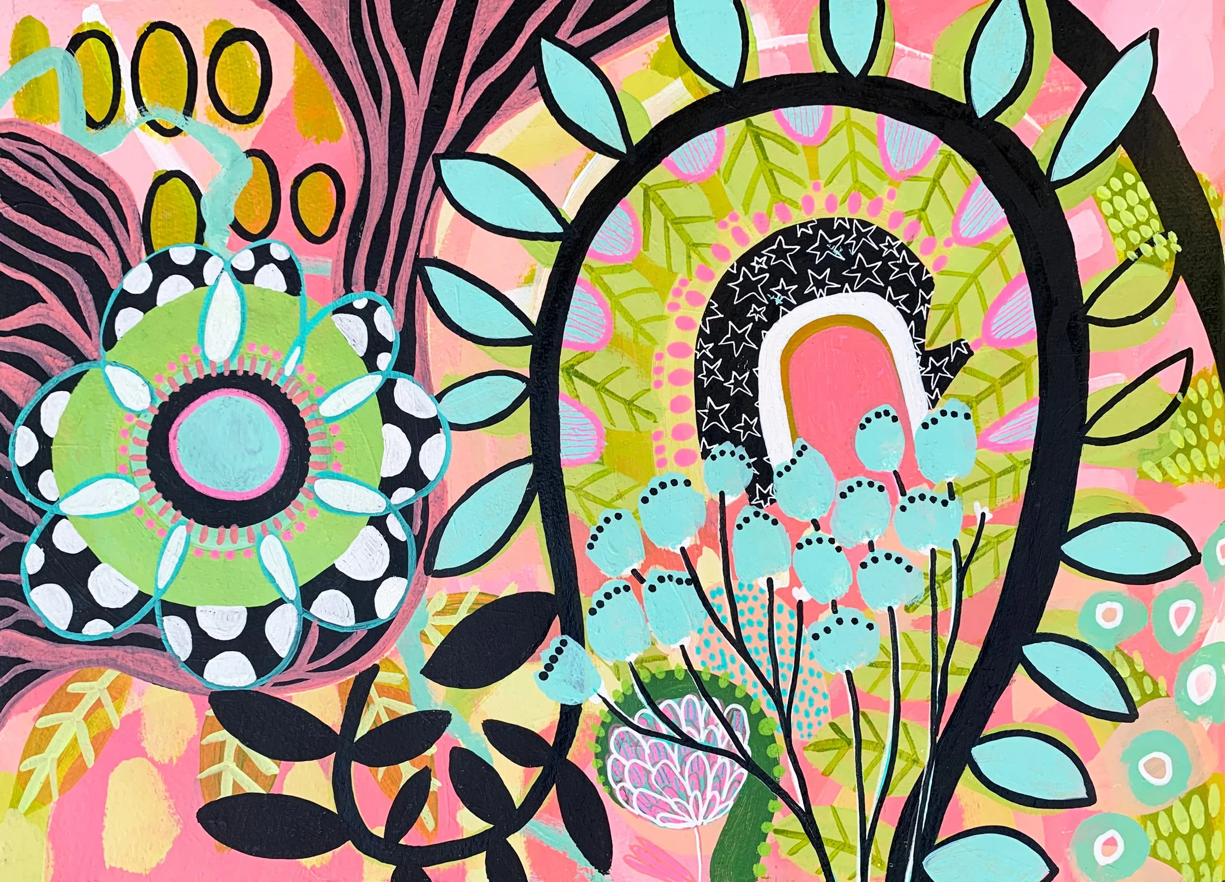 Colorful abstract artwork with floral and geometric patterns, featuring black outlines, pink background, green and blue details, and white, yellow, and black accents.