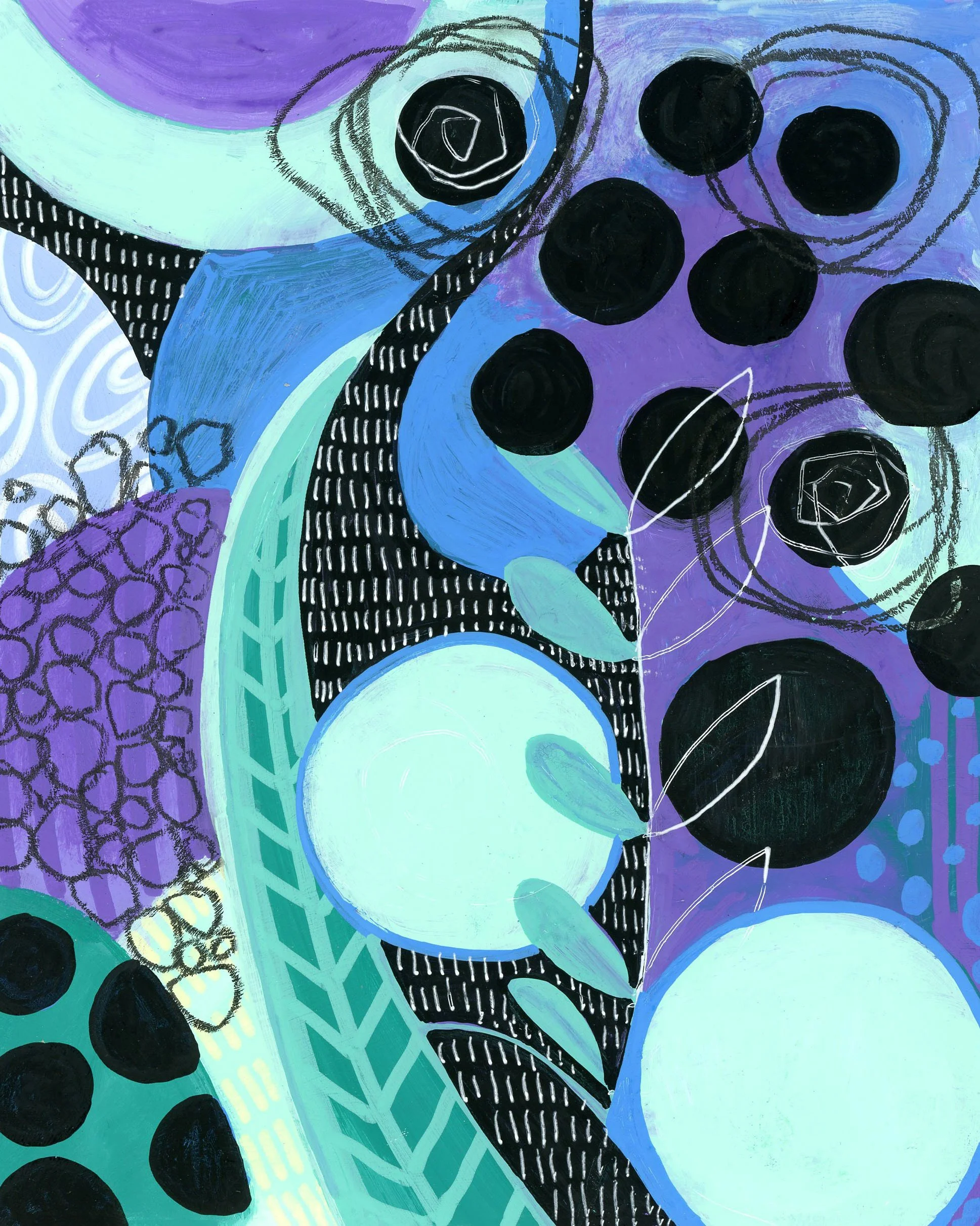 Abstract artwork with black circles, blue and purple shapes, and white line details.