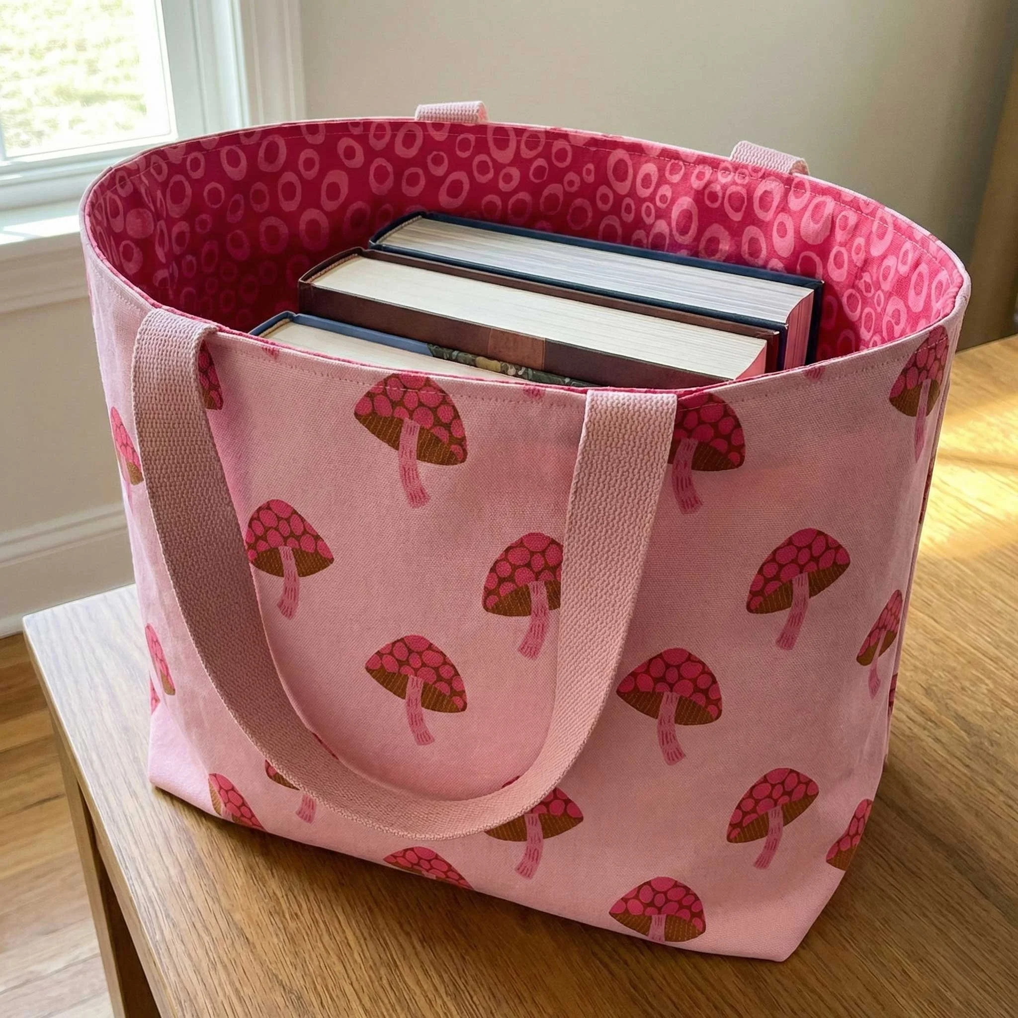 pink mushroom patterned tote bag with deep rose pink geometric fun print lining
