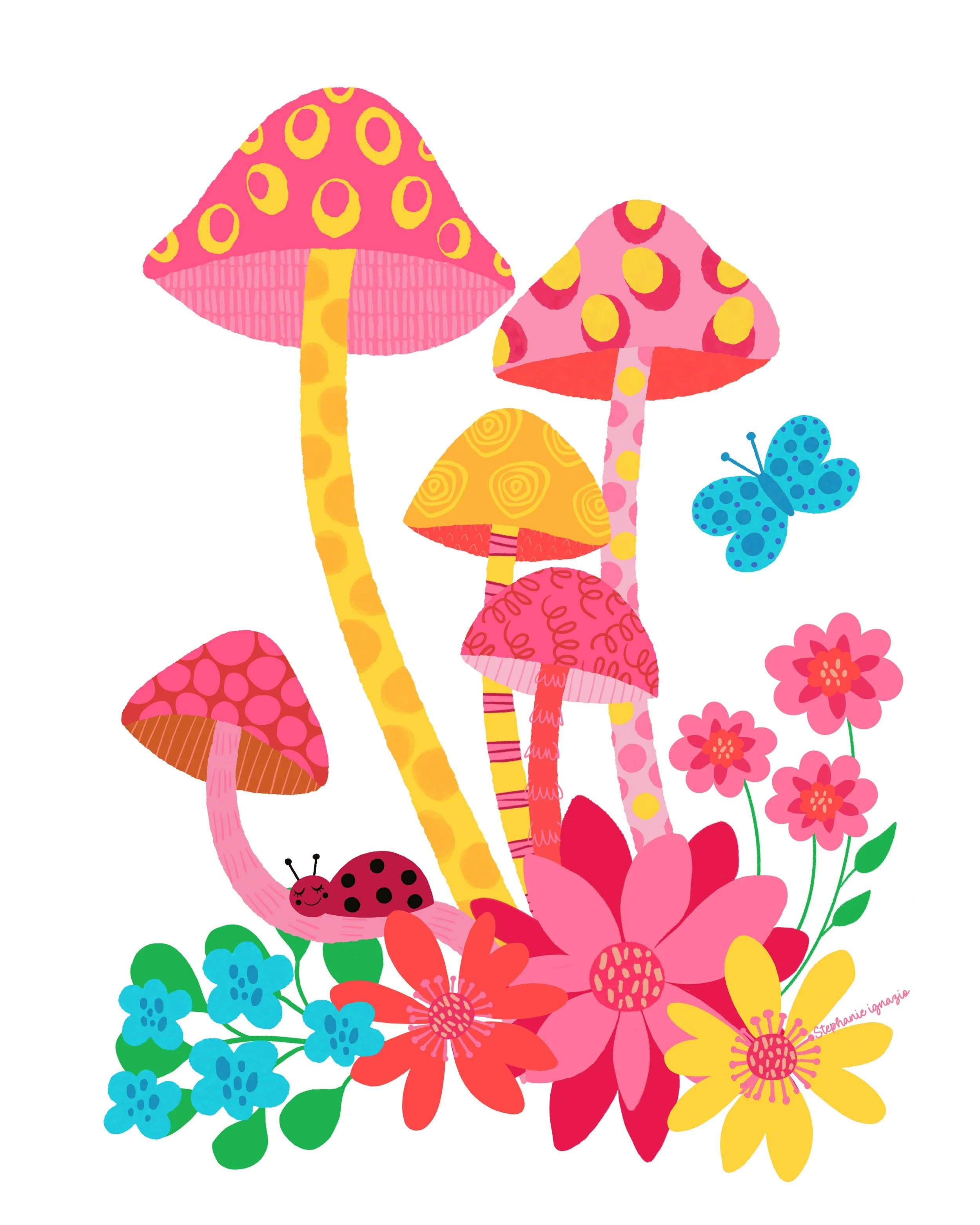 Colorful illustration of pink, yellow, red, and blue mushrooms, flowers, a blue butterfly, and a small ladybug with a pink and black shell.