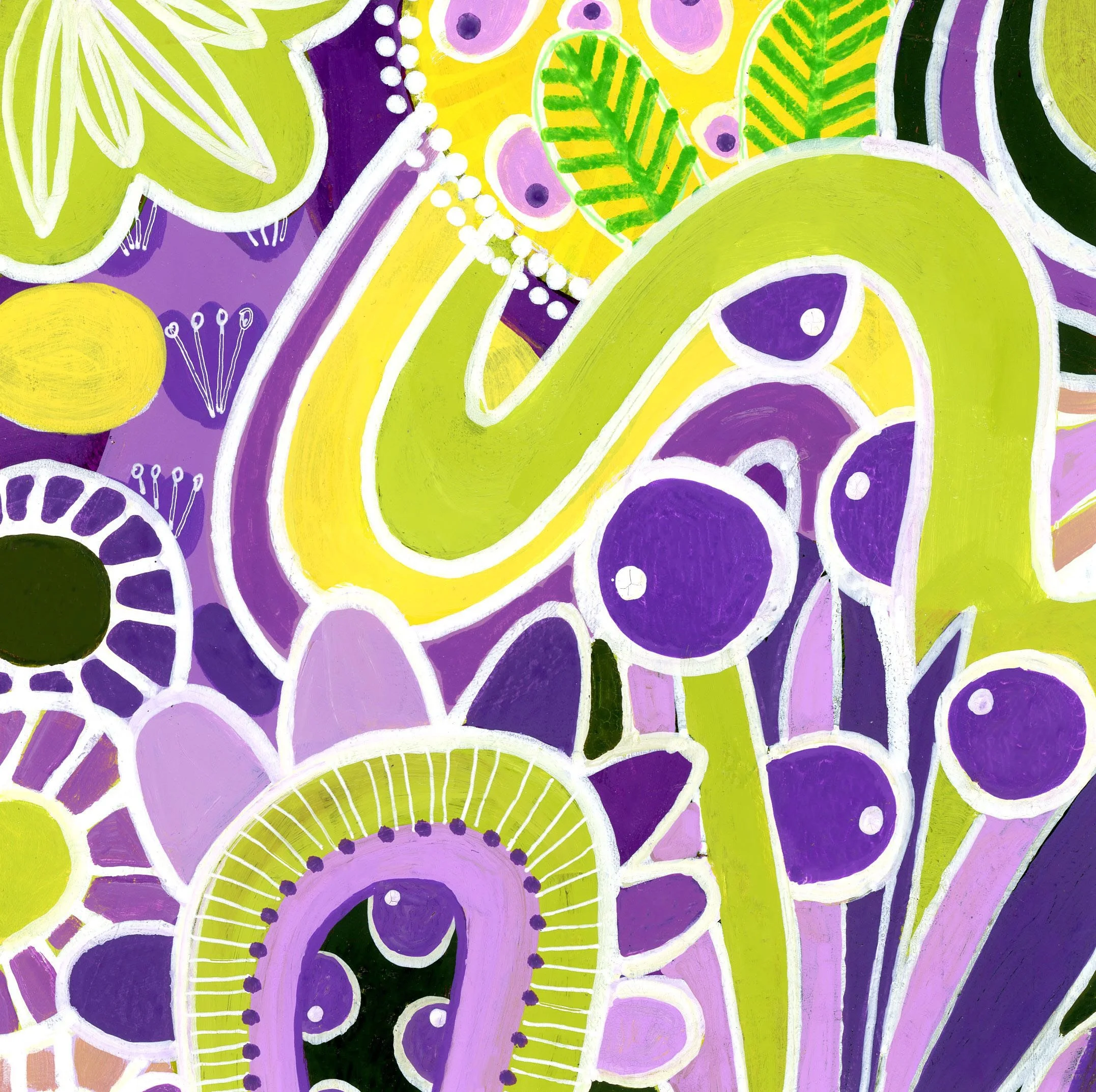 Abstract colorful floral pattern with purple, green, and yellow hues, featuring stylized flowers, leaves, and circular shapes with white outlines.