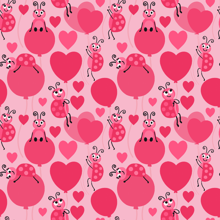 Pattern of pink ladybugs and hearts on a pink background.