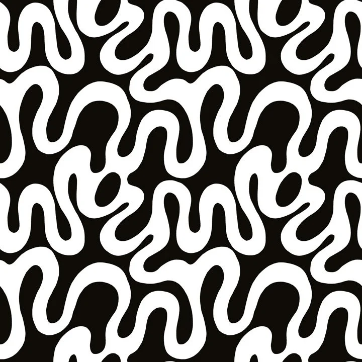 A black and white abstract pattern with irregular, wavy shapes interlocking across the image.