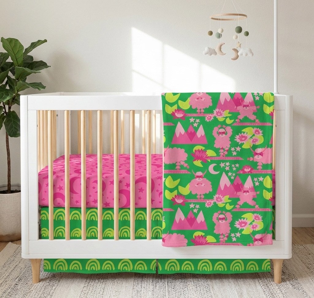 Yak-a-Doodle Yoga surface pattern designs styled on baby crib bedding, showcasing whimsical yaks, mountain landscapes, lotus flowers, crescent moons, stars, and rainbow accents for cheerful nursery decor and licensed baby products. crib bedding featu
