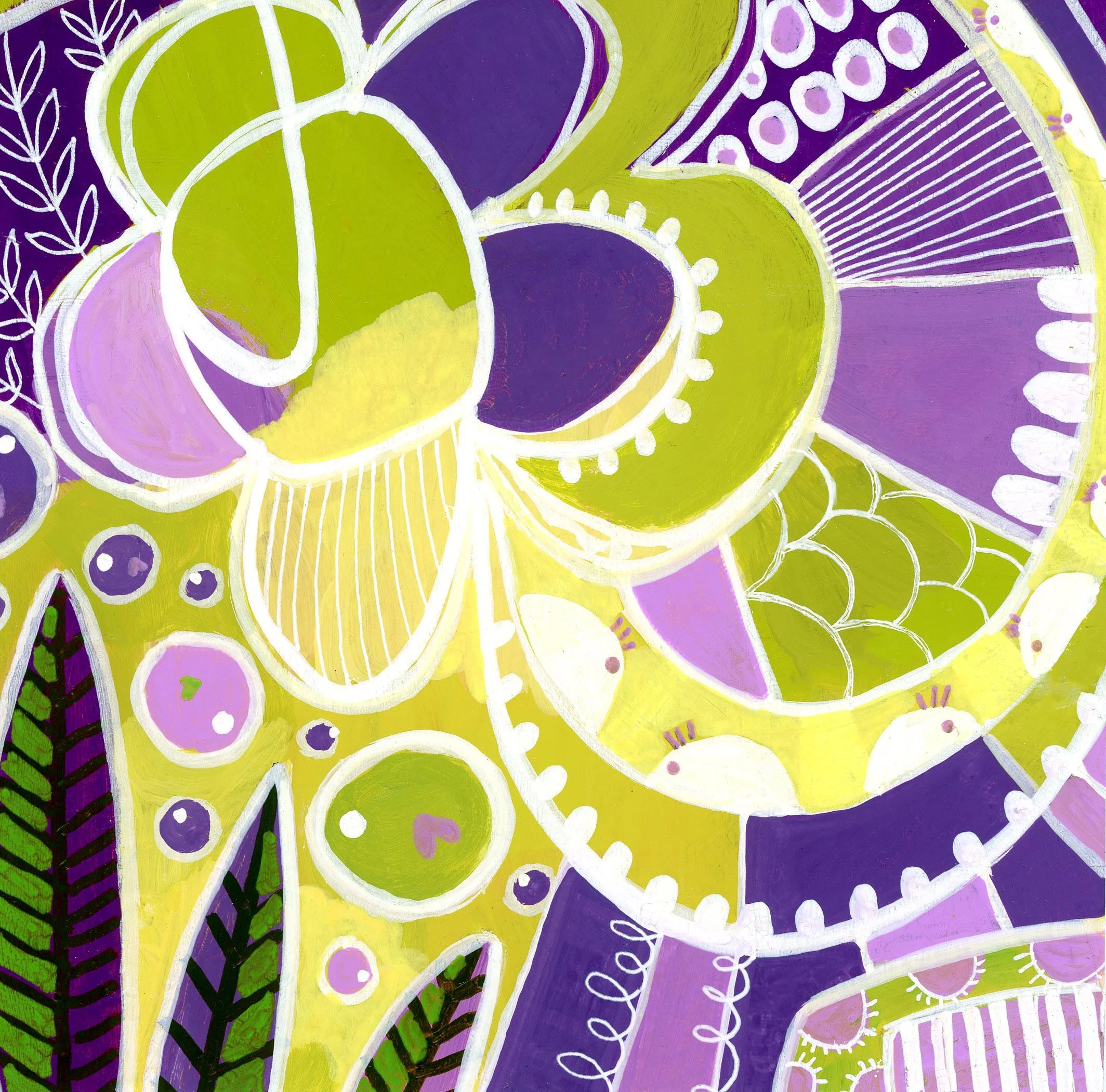 Colorful abstract drawing with green, purple, and white shapes, including leaves, circles, and intricate patterns.