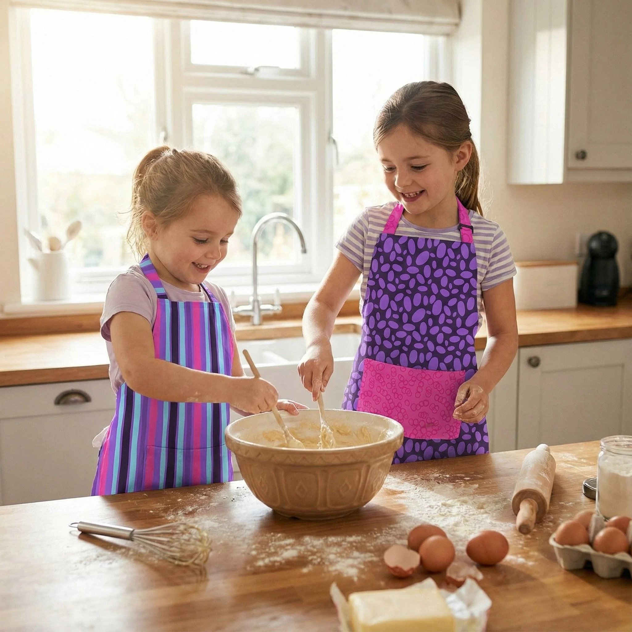Two young children baking together in a sunlit kitchen, wearing colorful aprons from the Eat Your Veggies collection. Playful stripes and organic dot patterns add a modern, whimsical touch to kids kitchen textiles while celebrating creativity, indepe