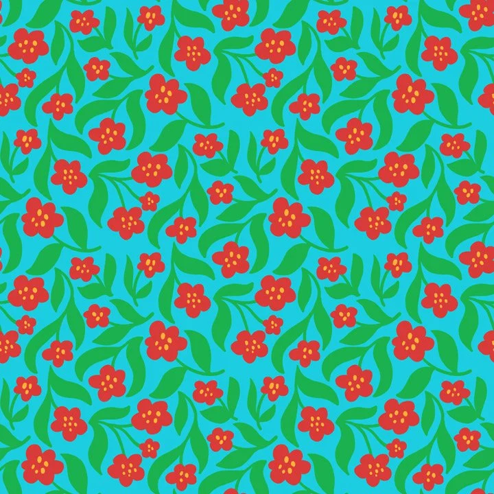 Colorful floral pattern with stylized flowers and leafy vines in turquoise, red, and green, designed as a coordinating fabric print.