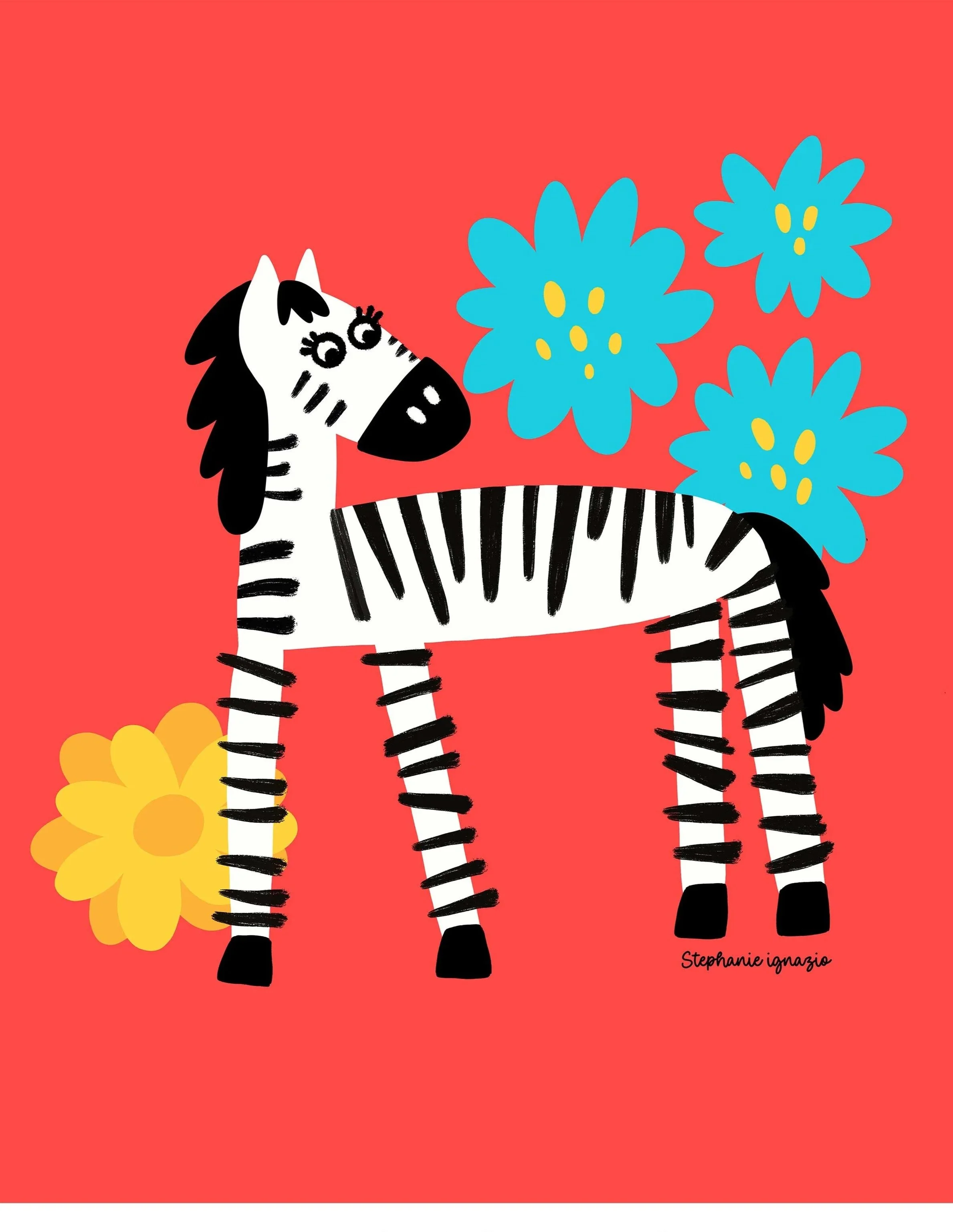 A colorful illustration of a zebra with black and white stripes, surrounded by yellow and blue flowers, on a red background.