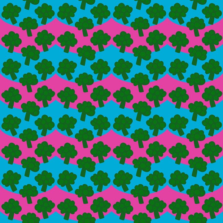 Playful broccoli pattern featuring repeating green broccoli florets layered over bold pink and blue waves. This cheerful, kid-friendly surface design is perfect for children’s fabric, apparel, nursery decor, stationery, gift wrap, party goods, educat