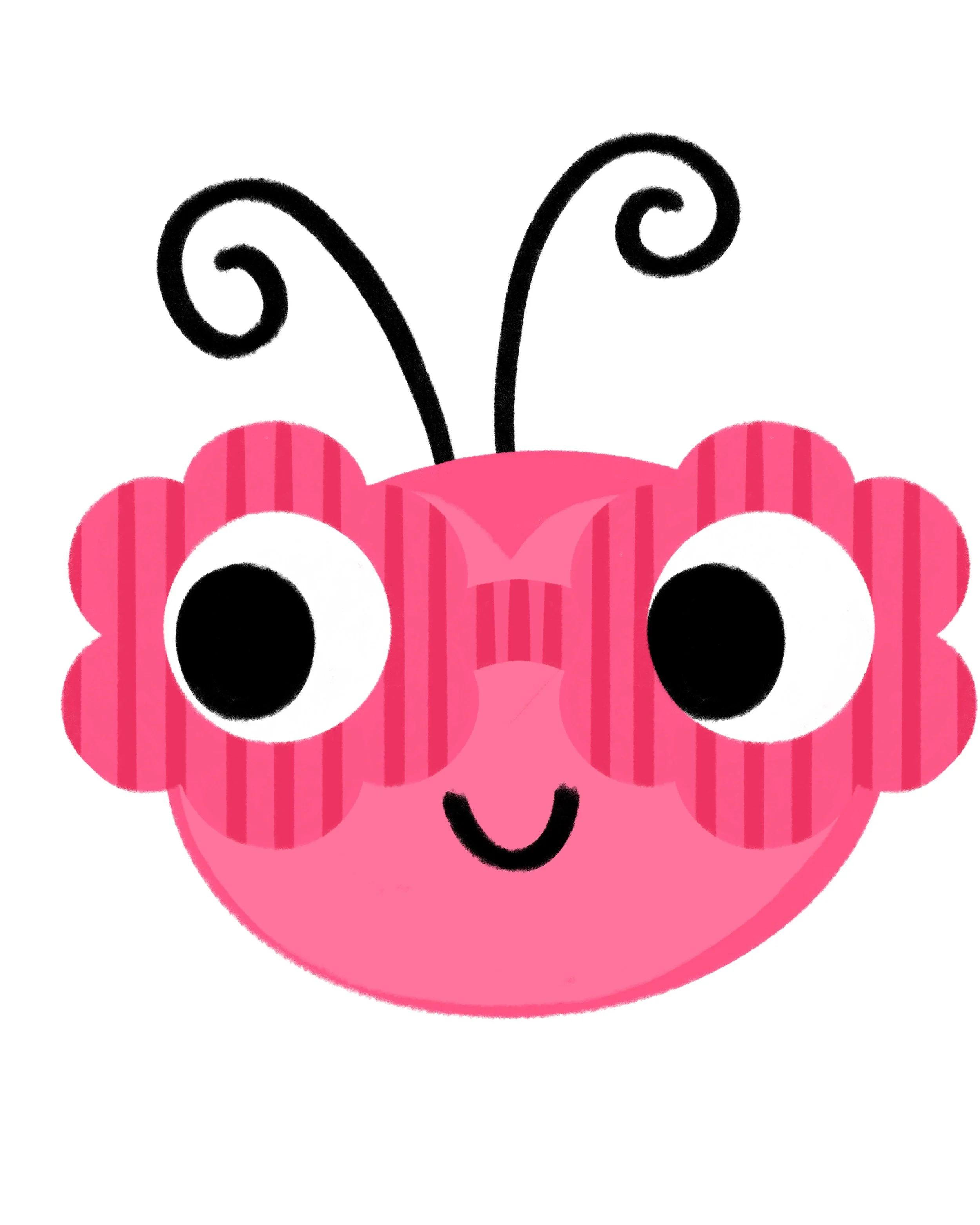 illustration of a pink and rosey red ladybug face wearing big flower sunglasses in a striped pattern