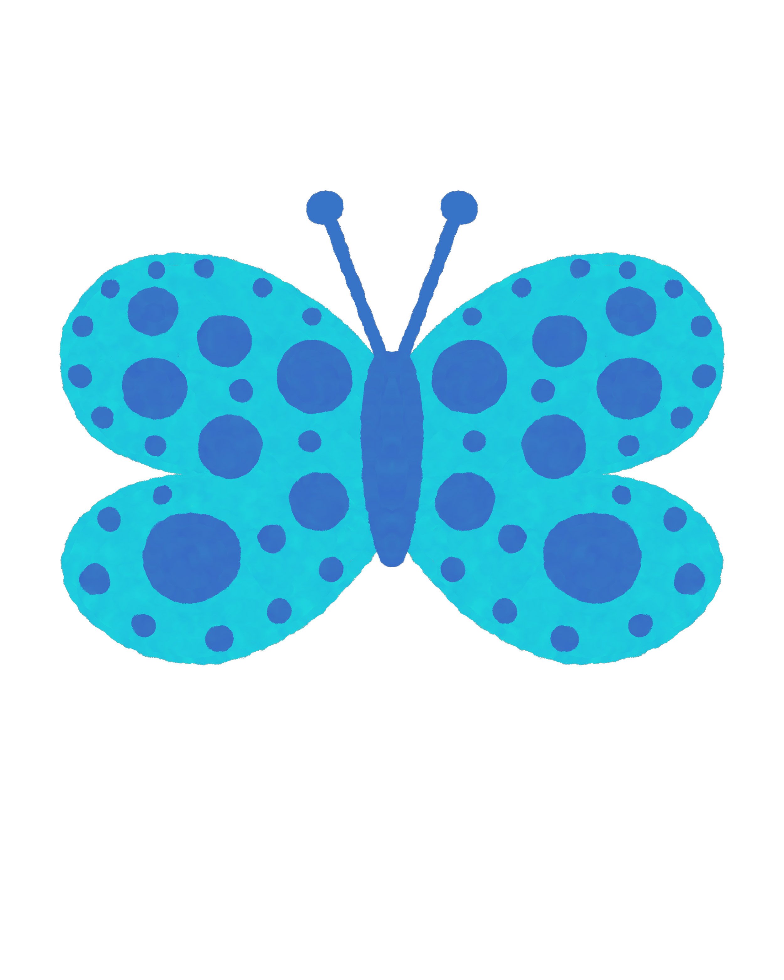 Watercolor illustration of a blue butterfly with dark blue spots on its wings.