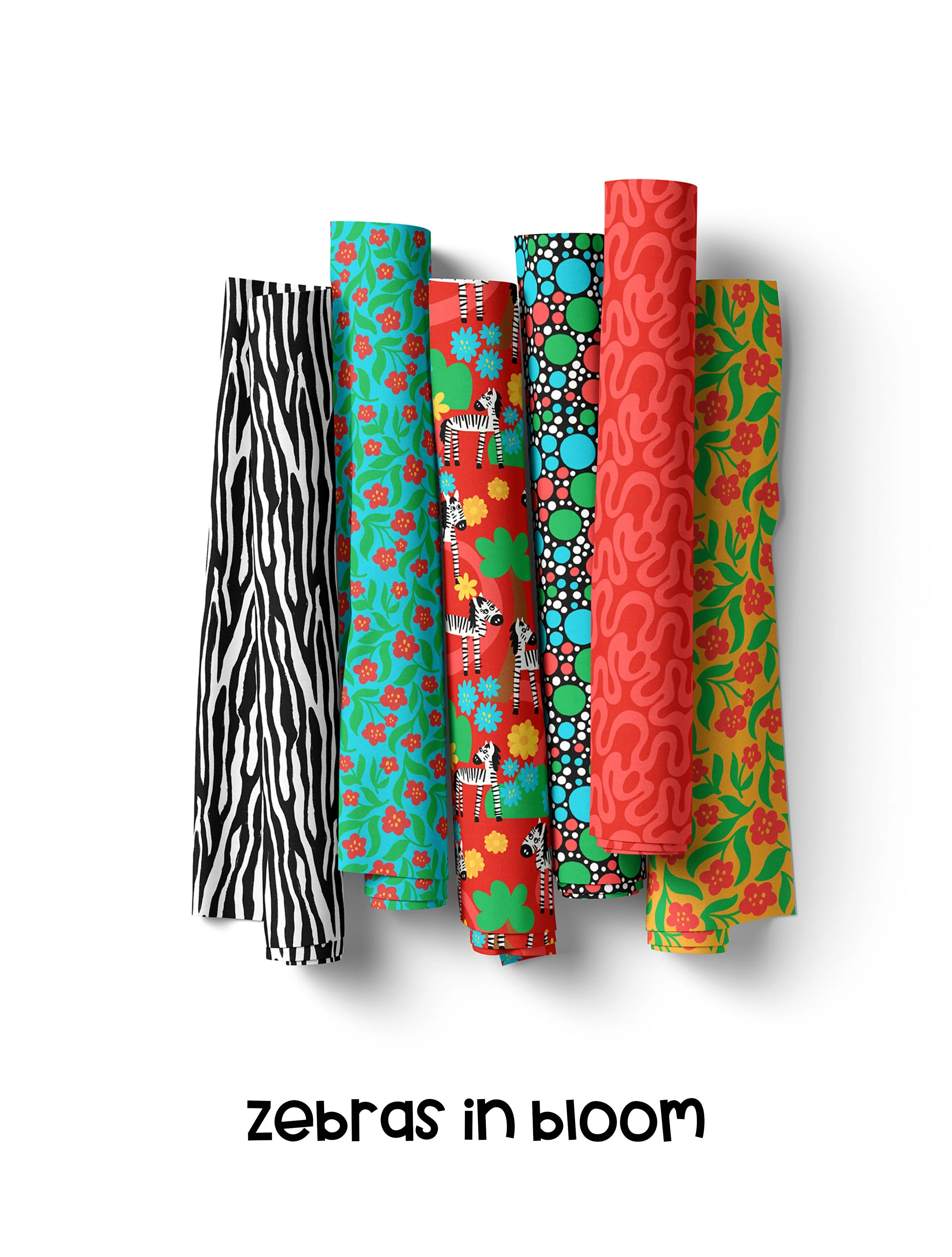 Zebras in Bloom surface pattern collection featuring playful zebra illustrations, colorful florals, bold stripes, and coordinating fabric designs.