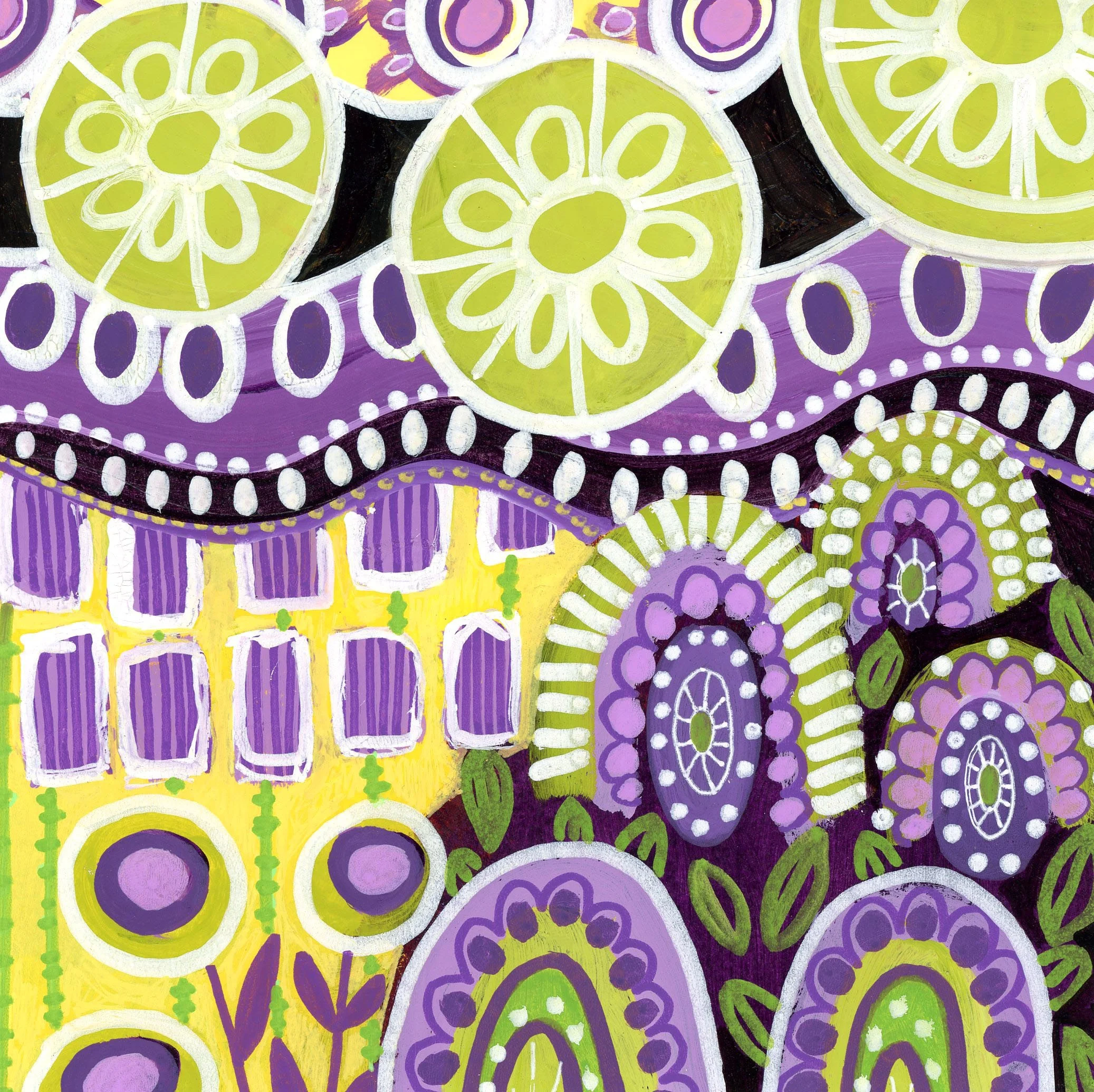 Colorful abstract floral pattern with purple, green, yellow, and black shapes and outlines.