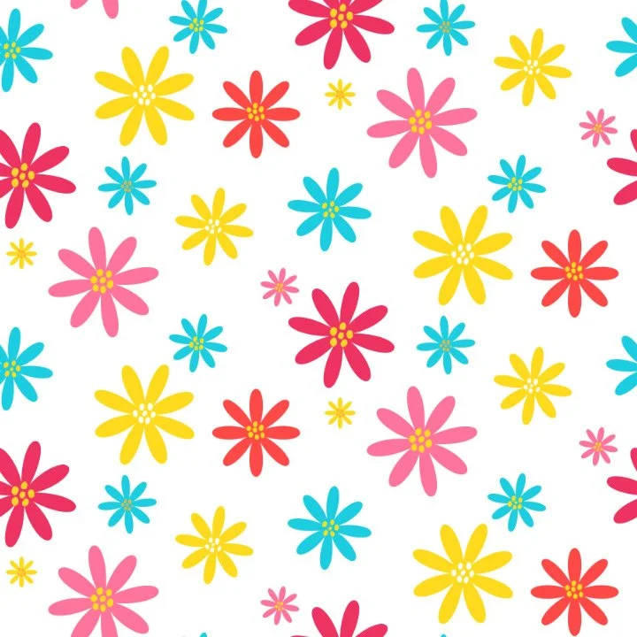 Colorful scattered floral pattern with pink, red, yellow, and blue flowers on a white background.