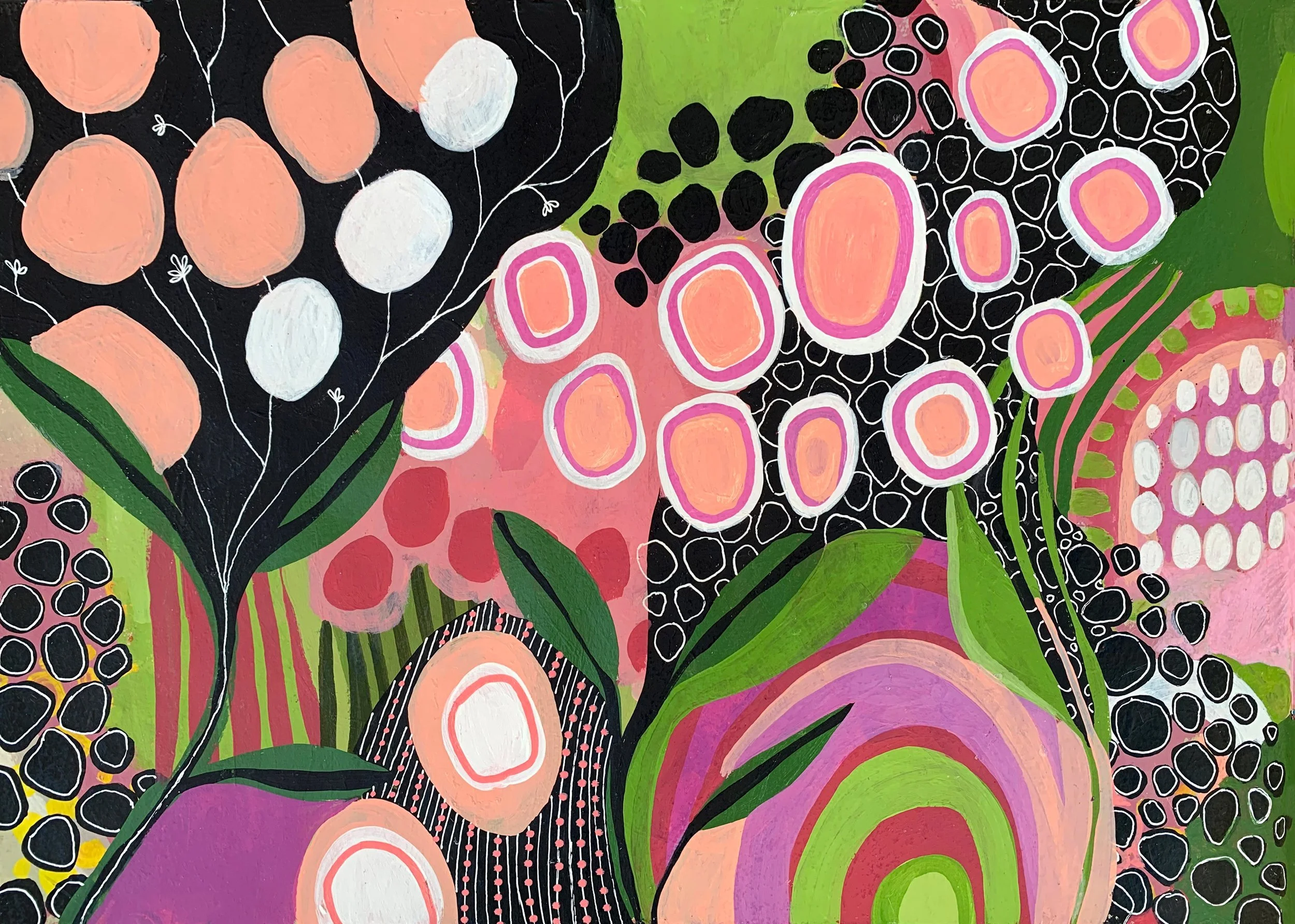 Abstract floral painting with colorful patterns of circles, dots, and leaves in pink, black, white, green, and purple.