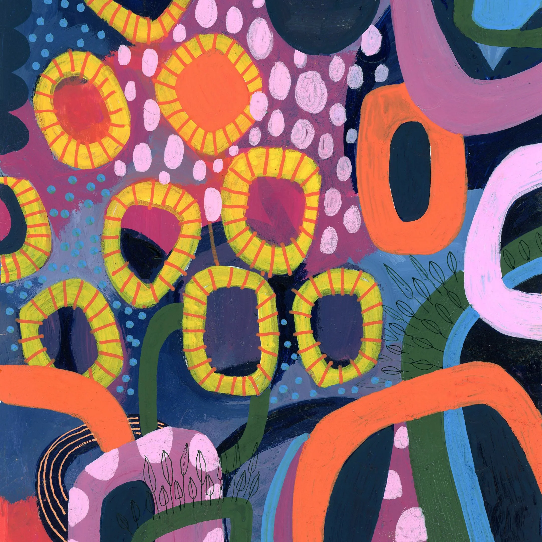 Abstract colorful painting featuring yellow-ringed circles, pink ellipses, orange, pink, green, black, and purple shapes, with various lines and dabs creating a vibrant, lively composition.