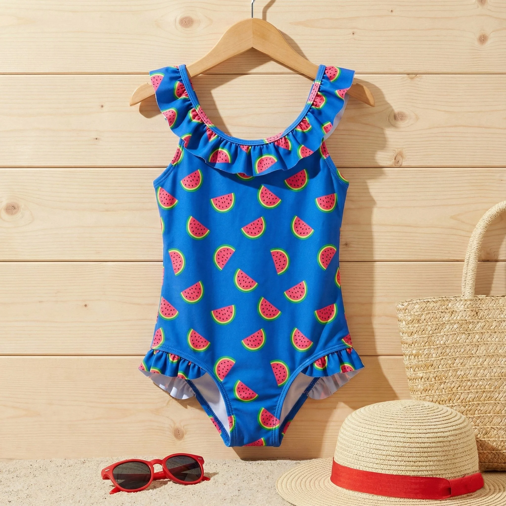 little girls ruffled bathing suit featuring fun and whimsical watermelon slice pattern design fabric.