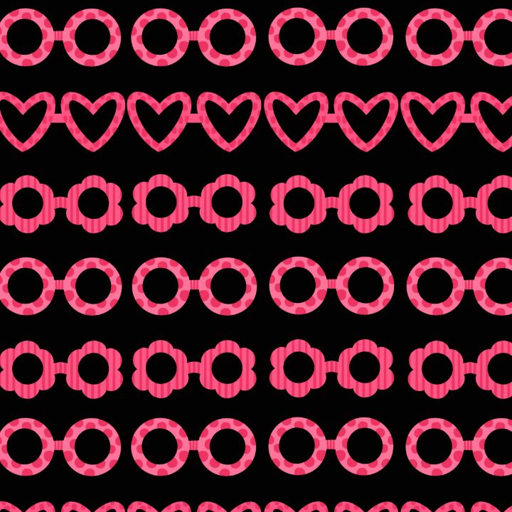 Pattern of alternating sunglass designs featuring pink hearts and pink circles with dark centers on a black background.