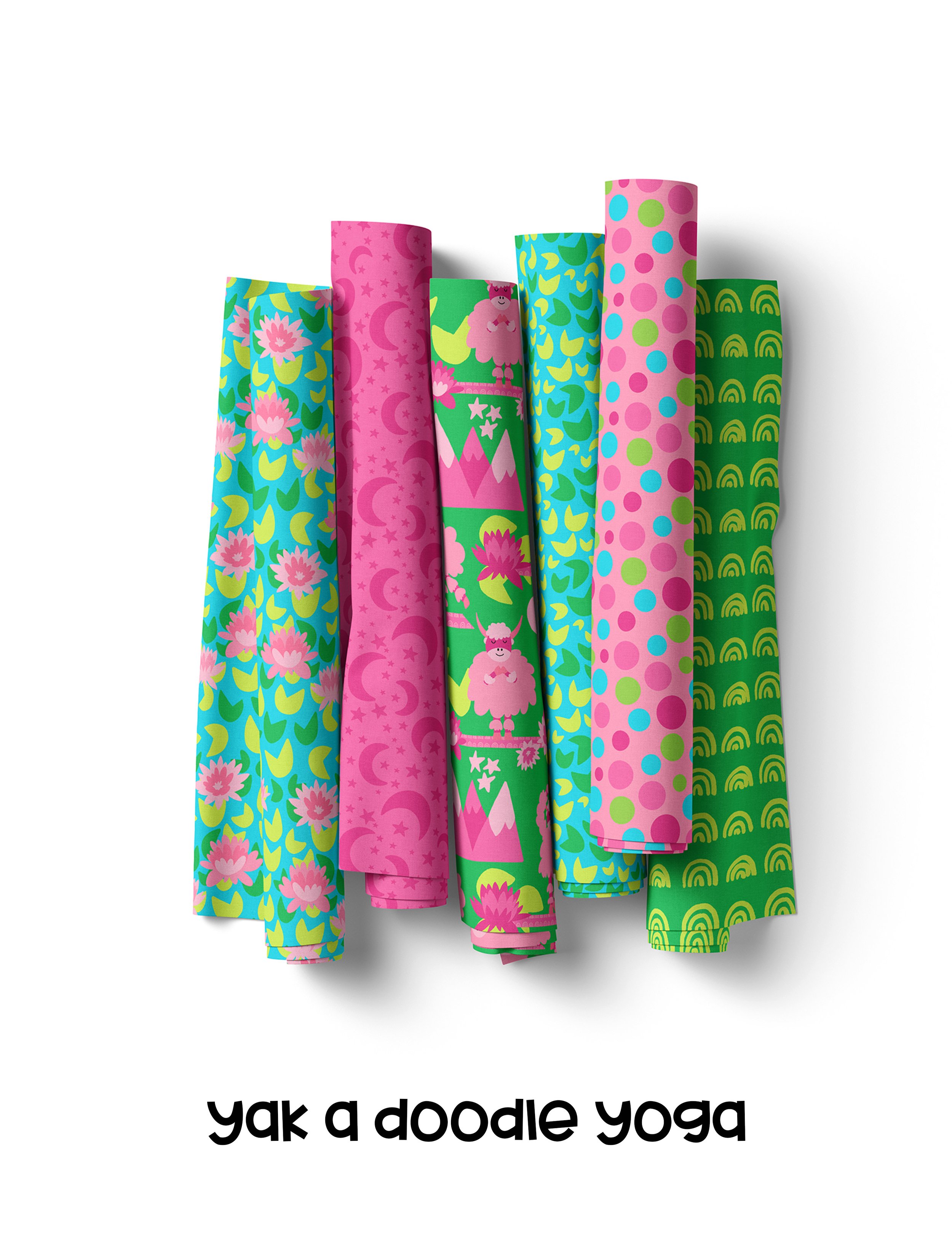 Yak a Doodle Yoga surface pattern collection featuring whimsical yak illustrations, playful yoga poses, bold colors, and coordinating pattern designs.