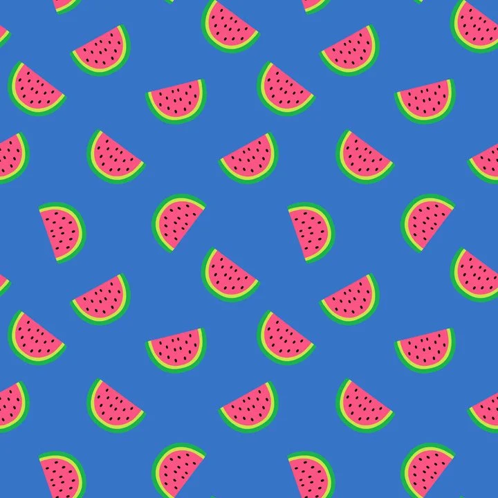 Playful watermelon slice pattern with repeating pink and green watermelon wedges on a blue background, designed as a fun coordinating fabric for children’s apparel and quilting. also used for surface design work on stationary and paper goods. art ava