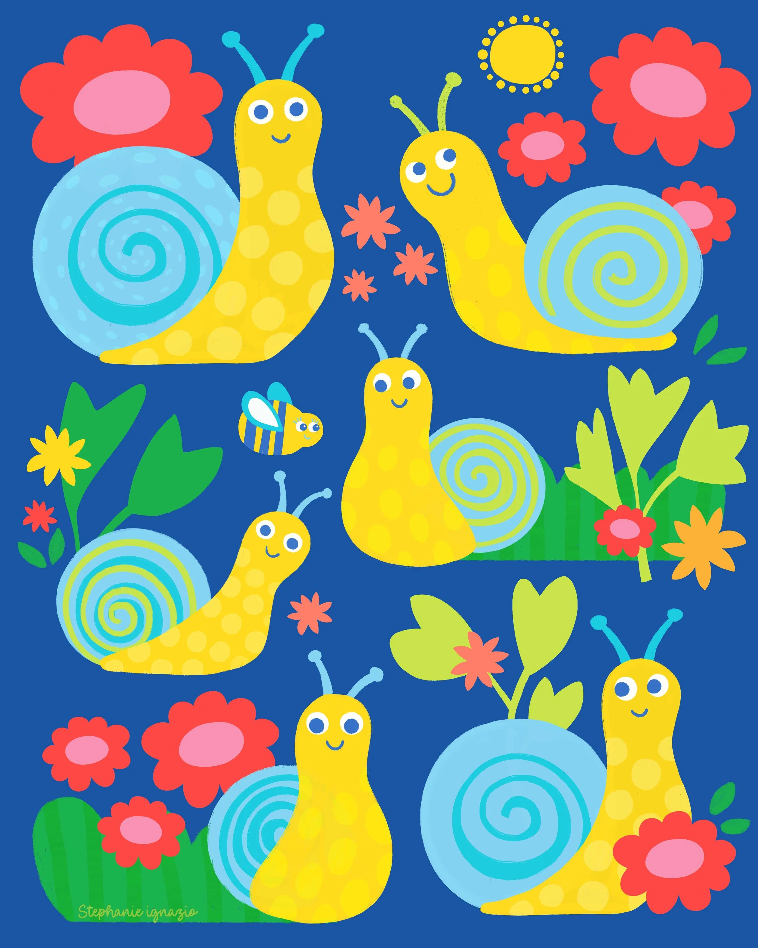 illustration featuring smiling snail friends and bold bright florals