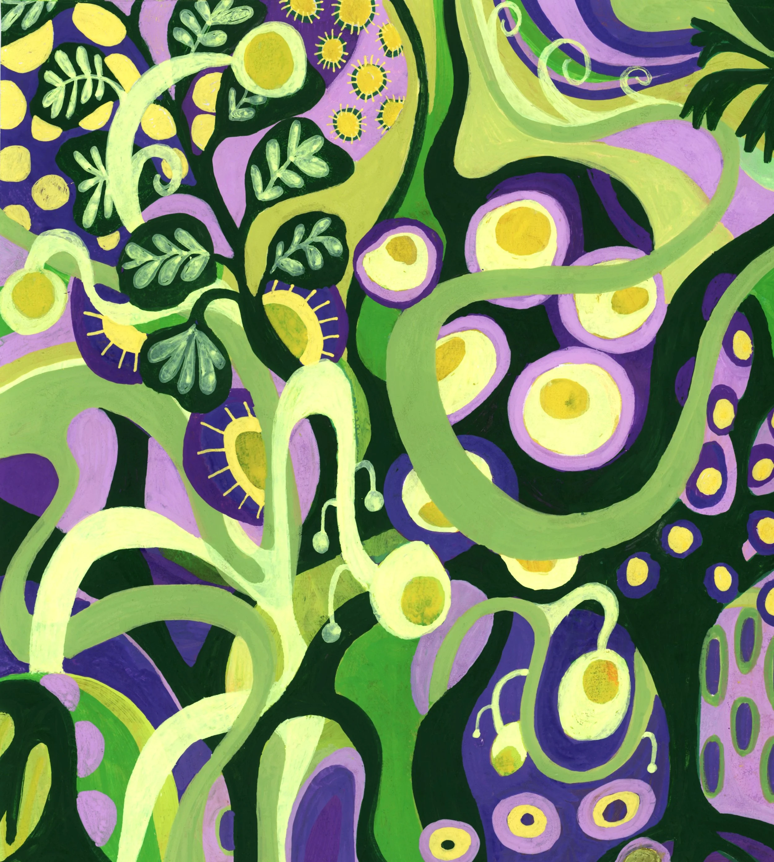 Whimsical intuitive abstract painting by Stephanie Ignazio featuring curling vines, leafy sprigs, glowing circular flowers, and layered organic shapes in green, purple, lavender, and yellow.