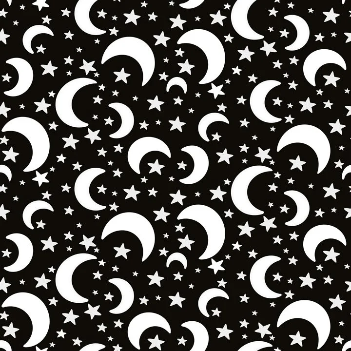 black and white Moon and star pattern featuring crescent moons and scattered stars on a black background, inspired by calm nighttime themes and playful imagination.