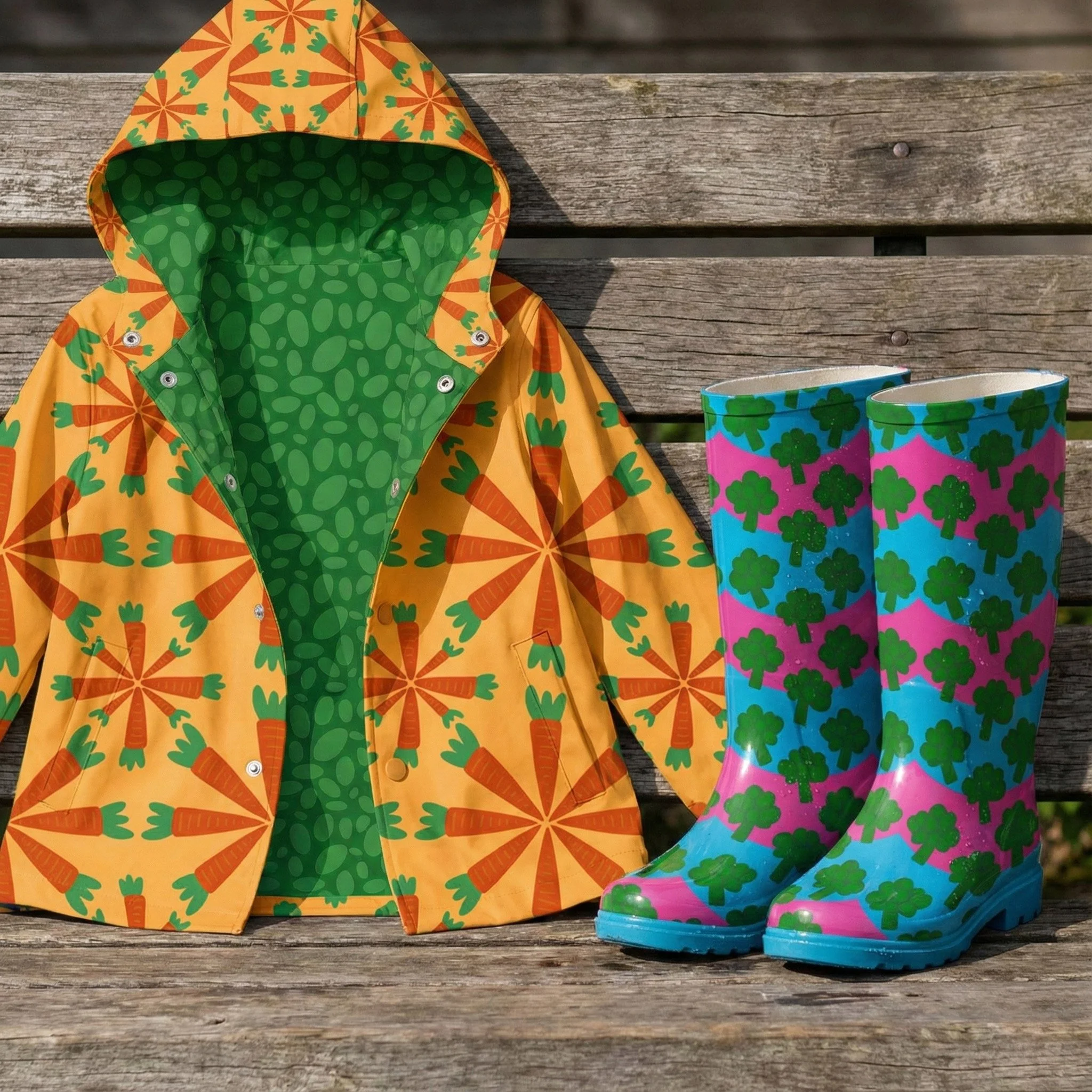 Whimsical vegetable-themed rainwear featuring a playful carrot-pattern raincoat paired with coordinating broccoli rain boots. Designed for children’s outerwear, this joyful set is perfect for kids fashion, rain gear, outdoor apparel, and licensed pro