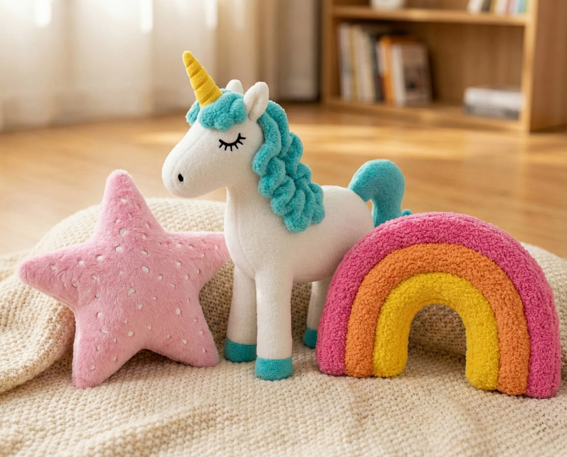 Plush unicorn toy with rainbow and star pillows in pastel colors featuring artwork by hazel and henrietta
