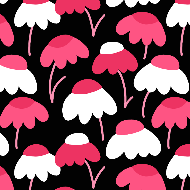 Pattern of pink and white stylized flowers on a black background.