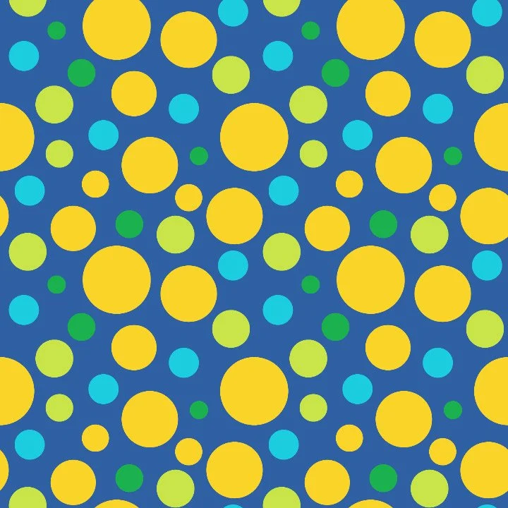 Pattern of yellow, blue, light green, and dark green circles on a dark blue background.