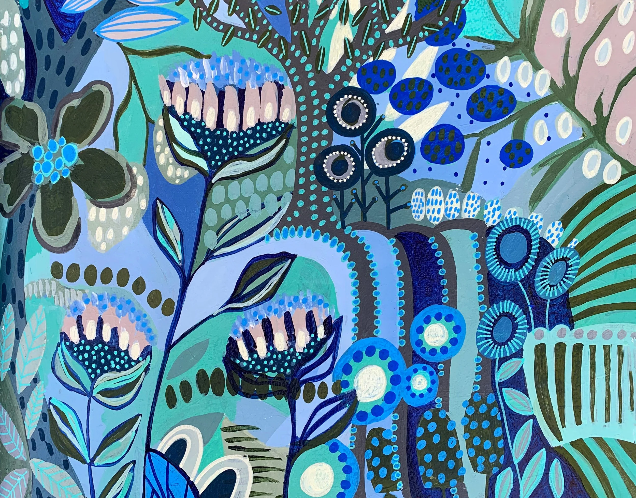 A vibrant abstract painting featuring various stylized plants and flowers in blue, green, white, and purple tones, with dotted and striped details.