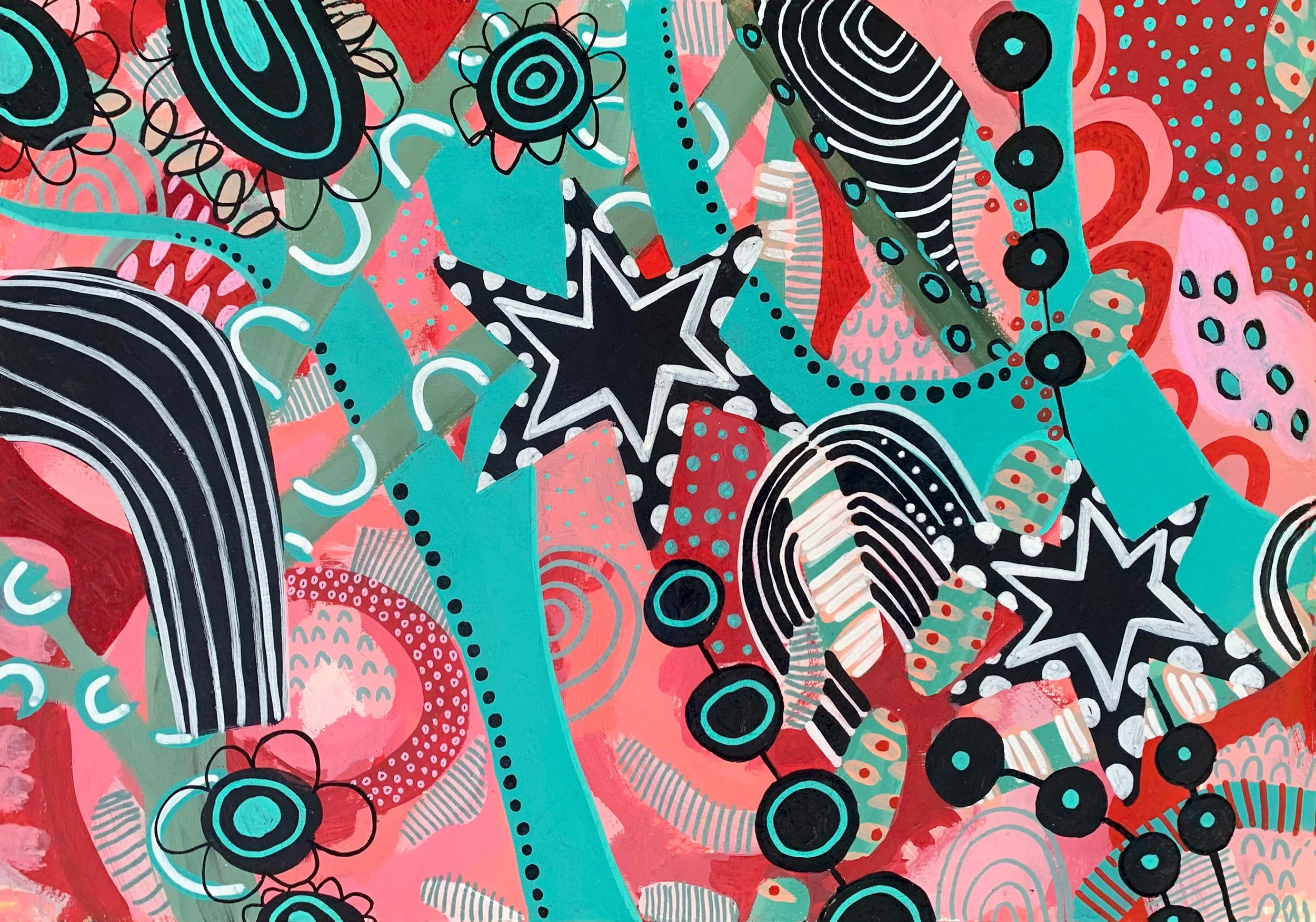 Abstract colorful mural featuring black stars, rainbow motifs, flowers, geometric shapes, and bold patterns in pink, red, teal, and black.