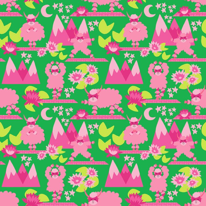 Whimsical yak yoga pattern featuring playful yaks practicing yoga poses surrounded by lotus flowers, lily pads, moons, and stars in a bright, colorful landscape.