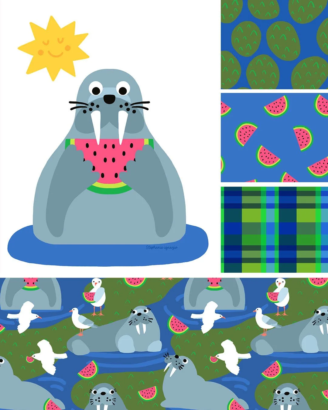 watermelon whiskers pattern collection from hazel and henrietta. Features friendly walrus eating a watermelon with his helpful seagull friends. Coordinating patterns include plaid, watermelon toss print and landscape bubbles. summer fun collection.