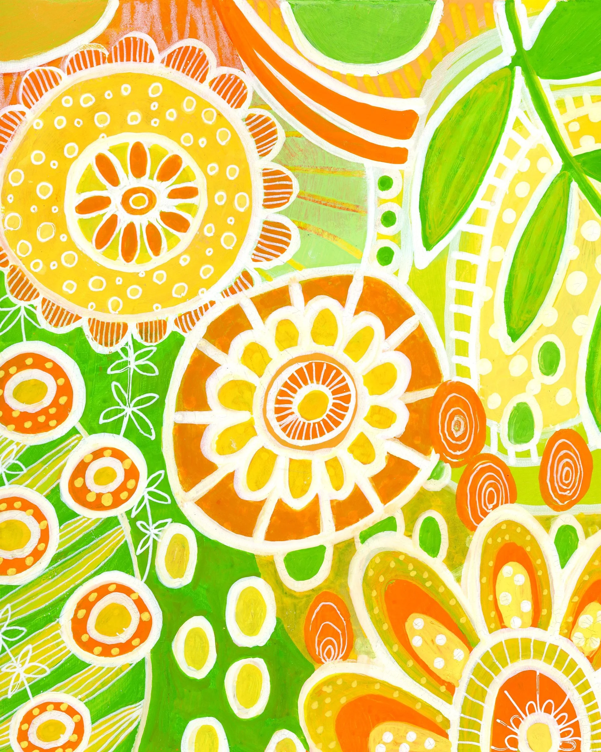 Colorful floral and leaf patterns in shades of yellow, orange, green, and white with abstract and decorative designs.