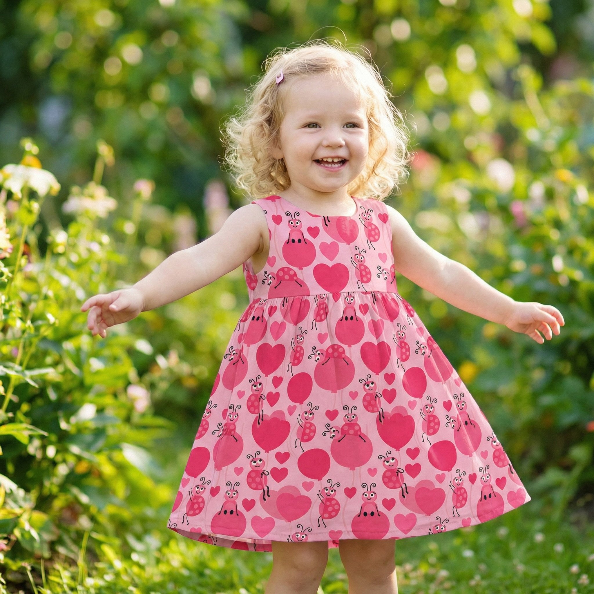 Toddler dress featuring a whimsical ladybug and heart pattern from the Love and Ladybugs fabric collection