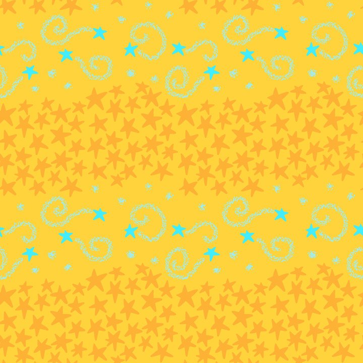 Playful star and swirl pattern with scattered stars and dotted swirls on a bright yellow background